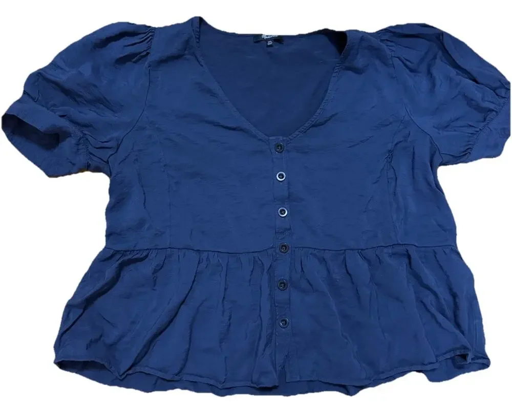 MADEWELL Woman’s Navy Blue Drapeweave Puff Sleeve Blouse Button Down Size XXL
